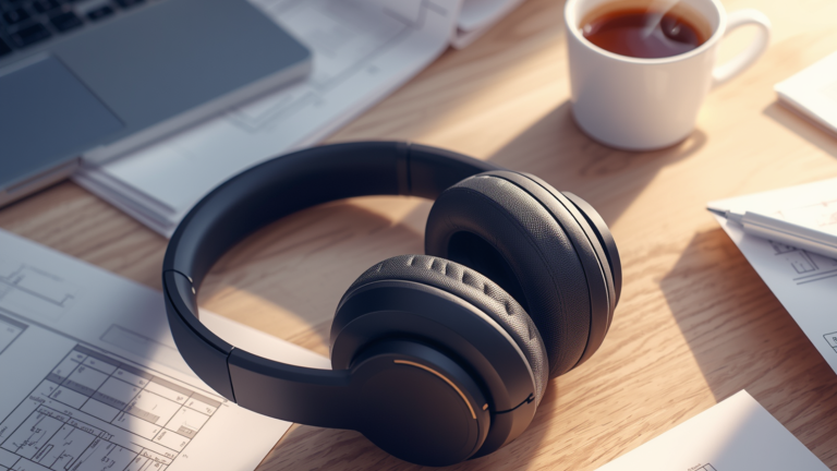Auriculares con cancelación de ruido sobre escritorio minimalista para home office con TDAH