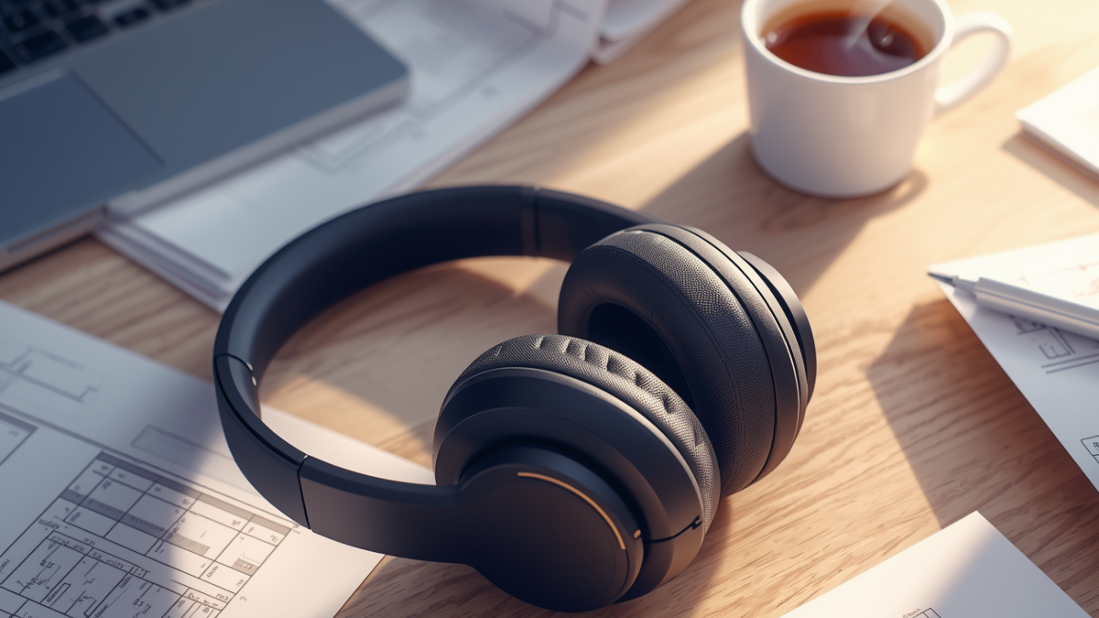 Auriculares con cancelación de ruido sobre escritorio minimalista para home office con TDAH